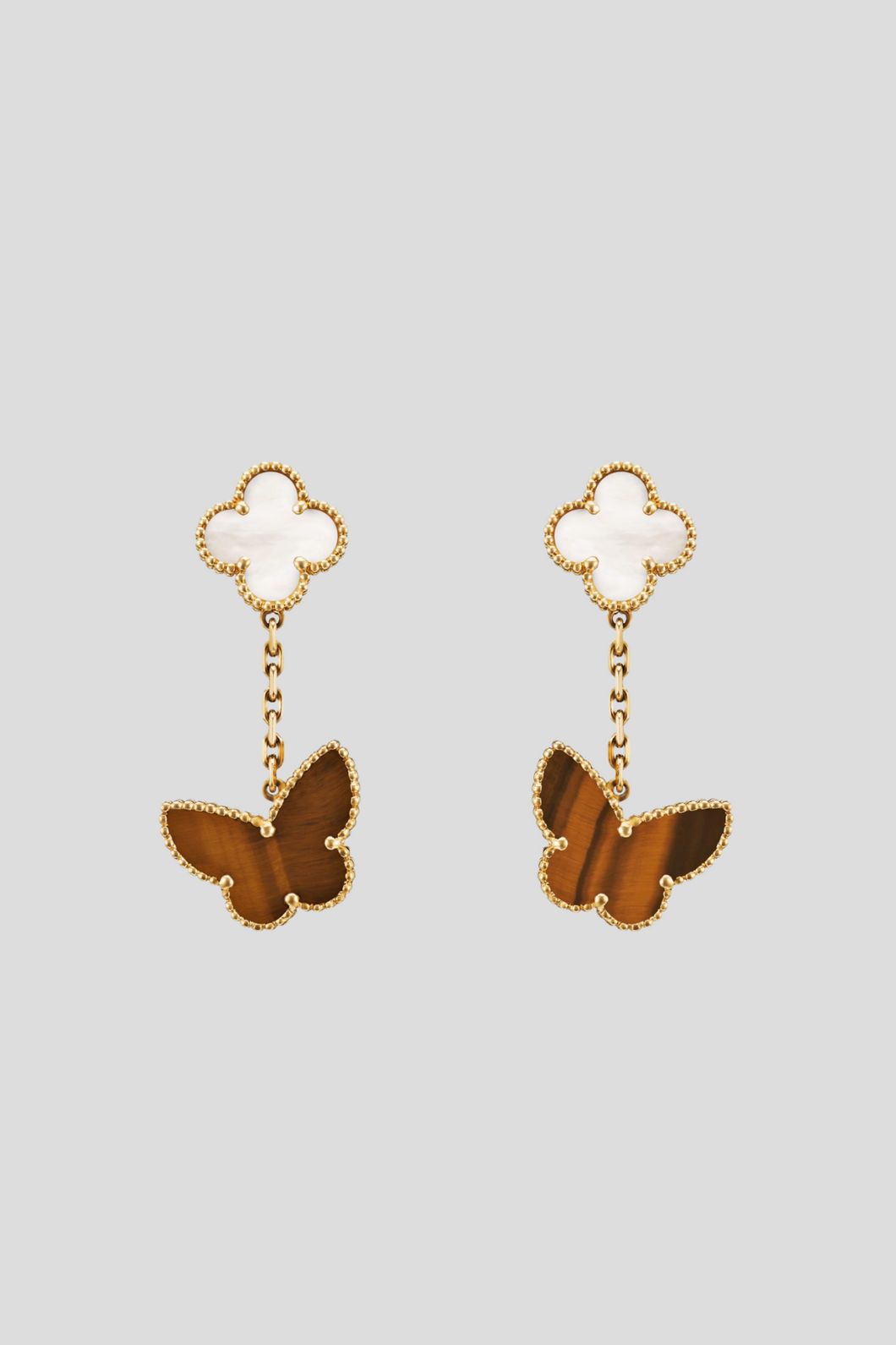 Gold Lucky Alhambra Earrings 2 Motifs 18K Yellow Gold Mother of Pearl Tiger Eye by Van Cleef & Arpels