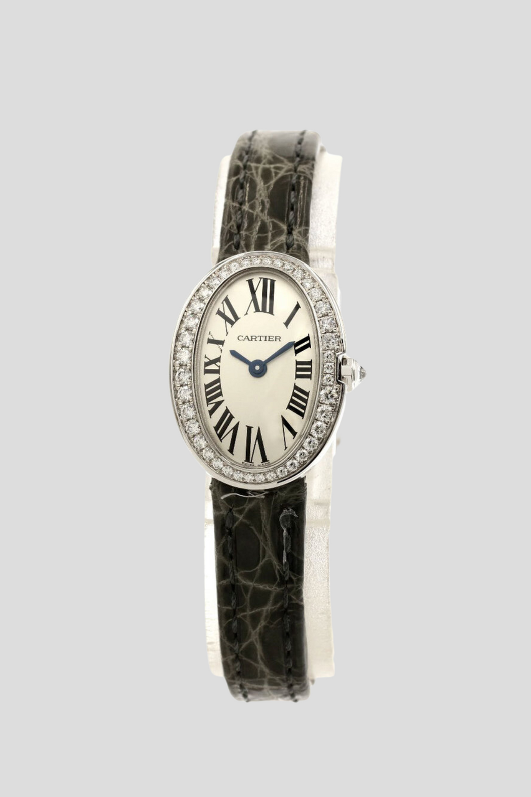 18K White Gold Diamond Grey and White Alligator Skin Baignoire Watch by Cartier