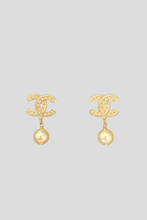 Load image into Gallery viewer, Gold CC Strass Pearl Drop Earrings by Chanel
