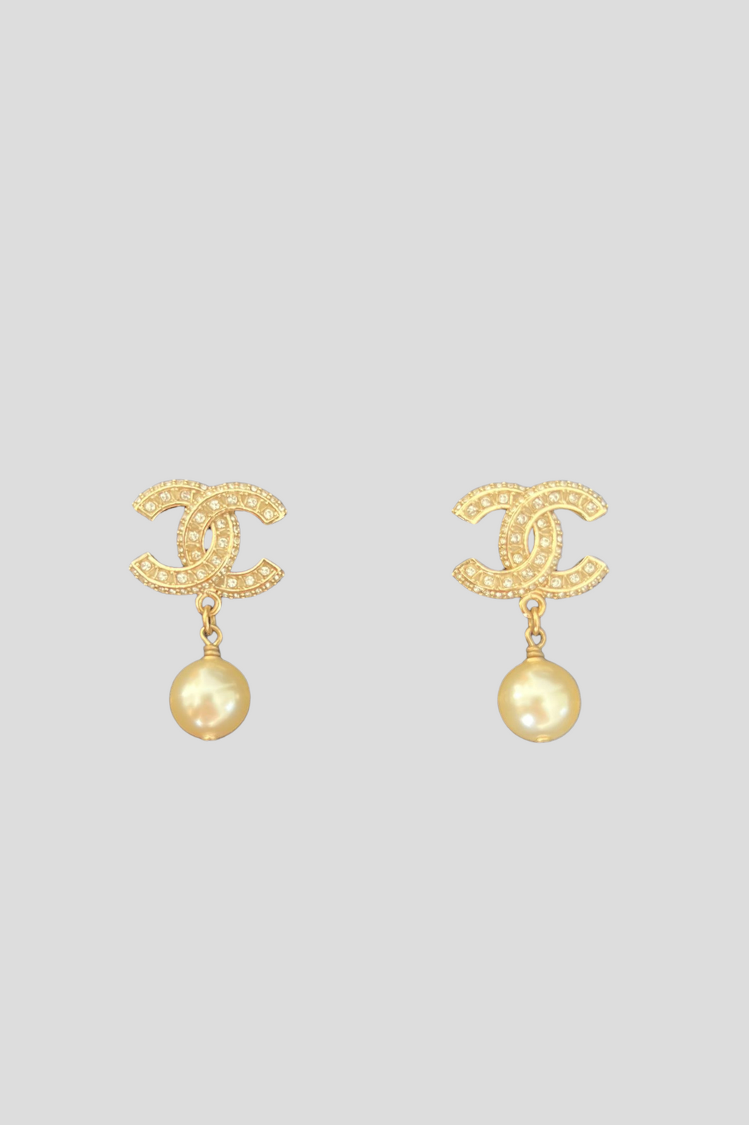 Gold CC Strass Pearl Drop Earrings by Chanel