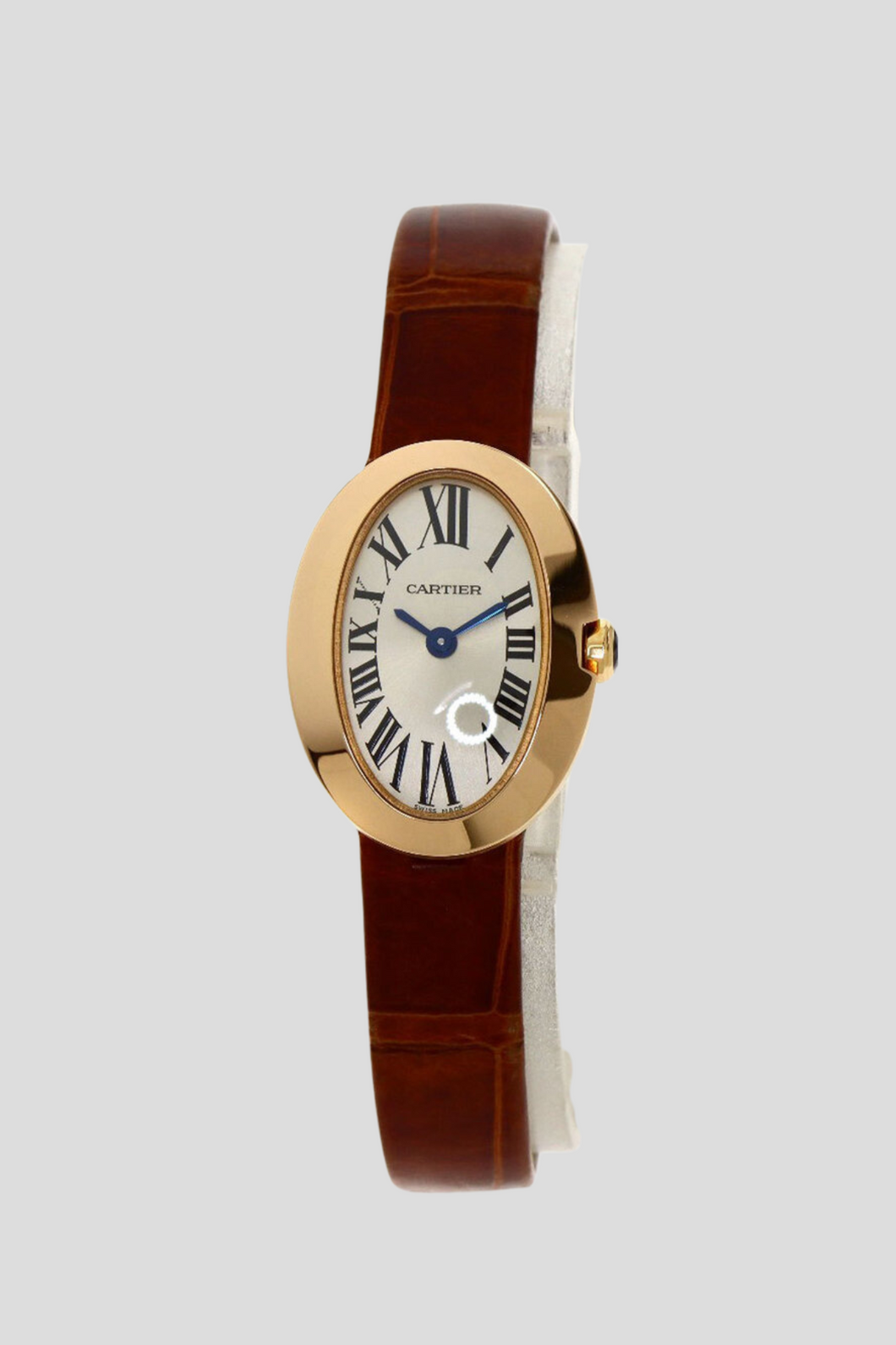 18K Rose Gold Brown Alligator Skin Baignoire Watch by Cartier