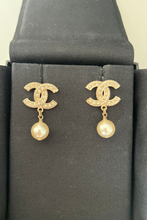 Load image into Gallery viewer, Gold CC Strass Pearl Drop Earrings by Chanel
