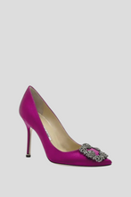 Load image into Gallery viewer, Dark Hangisi 105 Fuchsia Satin Jewel Buckle Pumps Size 34 / UK 1 by Manolo Blahnik
