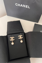 Load image into Gallery viewer, Gold CC Strass Pearl Drop Earrings by Chanel
