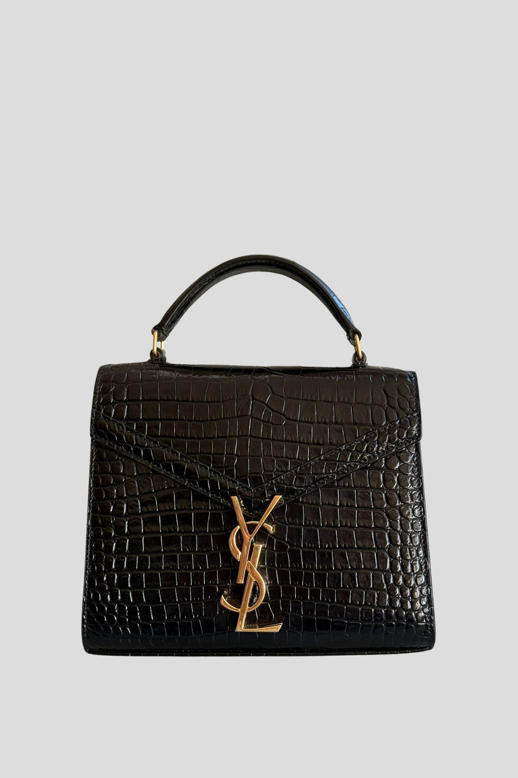 Black Cassandra Mini Top Handle Crocodile Embossed Shiny Leather Bag by Saint Laurent