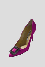 Load image into Gallery viewer, Dark Hangisi 105 Fuchsia Satin Jewel Buckle Pumps Size 34 / UK 1 by Manolo Blahnik
