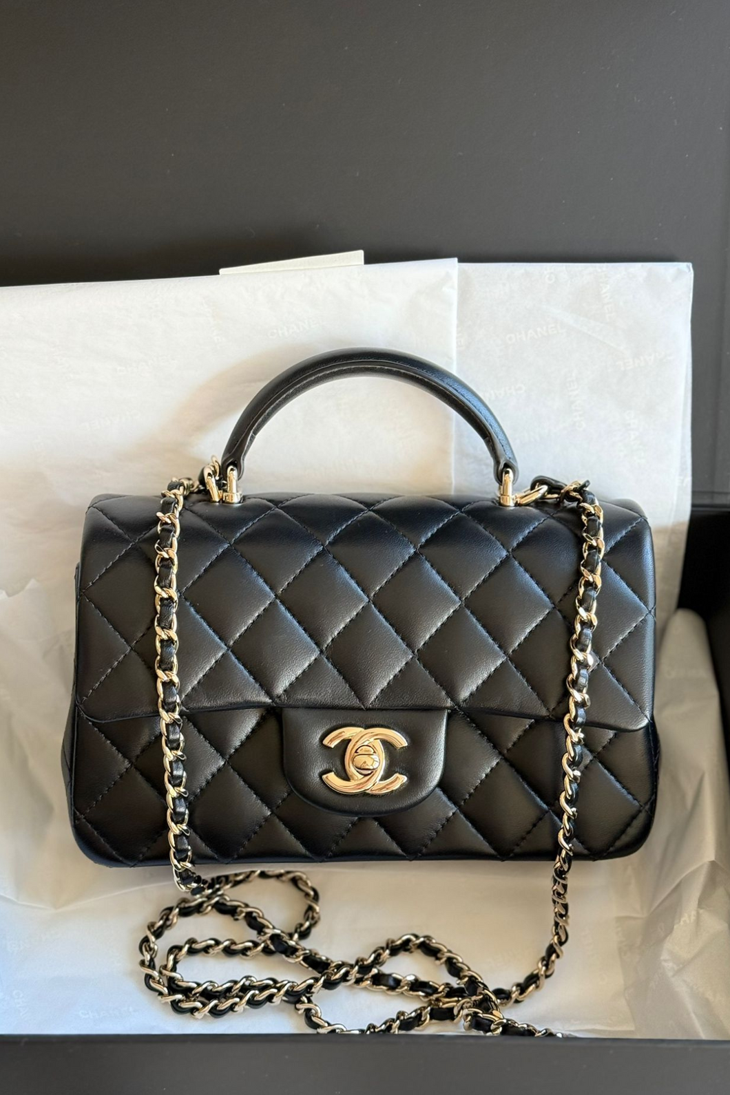 Black GHW Mini Top Handle Lambskin Leather Bag by Chanel