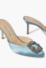 Load image into Gallery viewer, Blue Hangisi Satin Jewel Buckle Mules Size 35.5 / UK 2.5 by Manolo Blahnik
