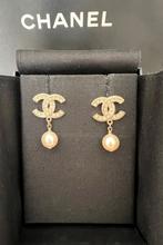 Load image into Gallery viewer, Gold CC Strass Pearl Drop Earrings by Chanel
