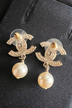 Load image into Gallery viewer, Gold CC Strass Pearl Drop Earrings by Chanel
