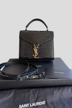 Load image into Gallery viewer, Black Cassandra Mini Top Handle Crocodile Embossed Shiny Leather Bag by Saint Laurent
