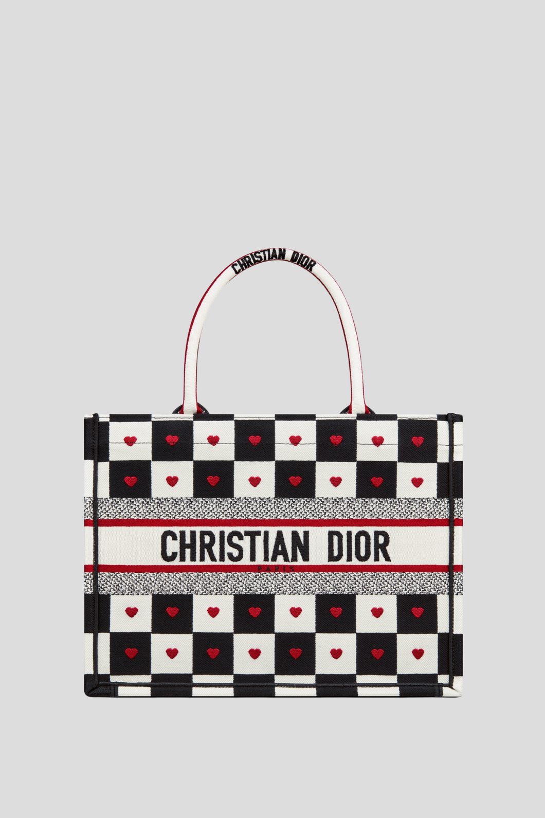 Black White and Red D-Chess Heart Embroidery Medium Dioramour Dior Book Tote by Dior