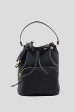 Load image into Gallery viewer, Black Logo Canvas Drawstring Bucket Bag by Prada
