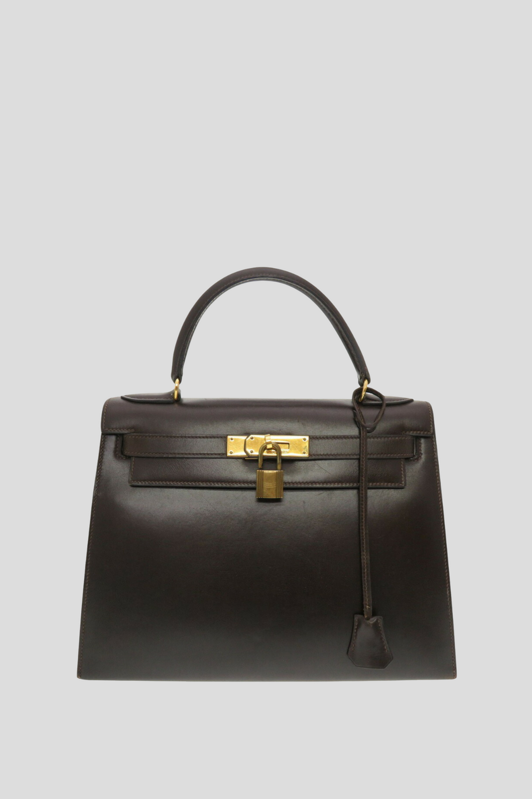 Brown GHW Kelly Sellier 28 Box Calf Bag by Hermès