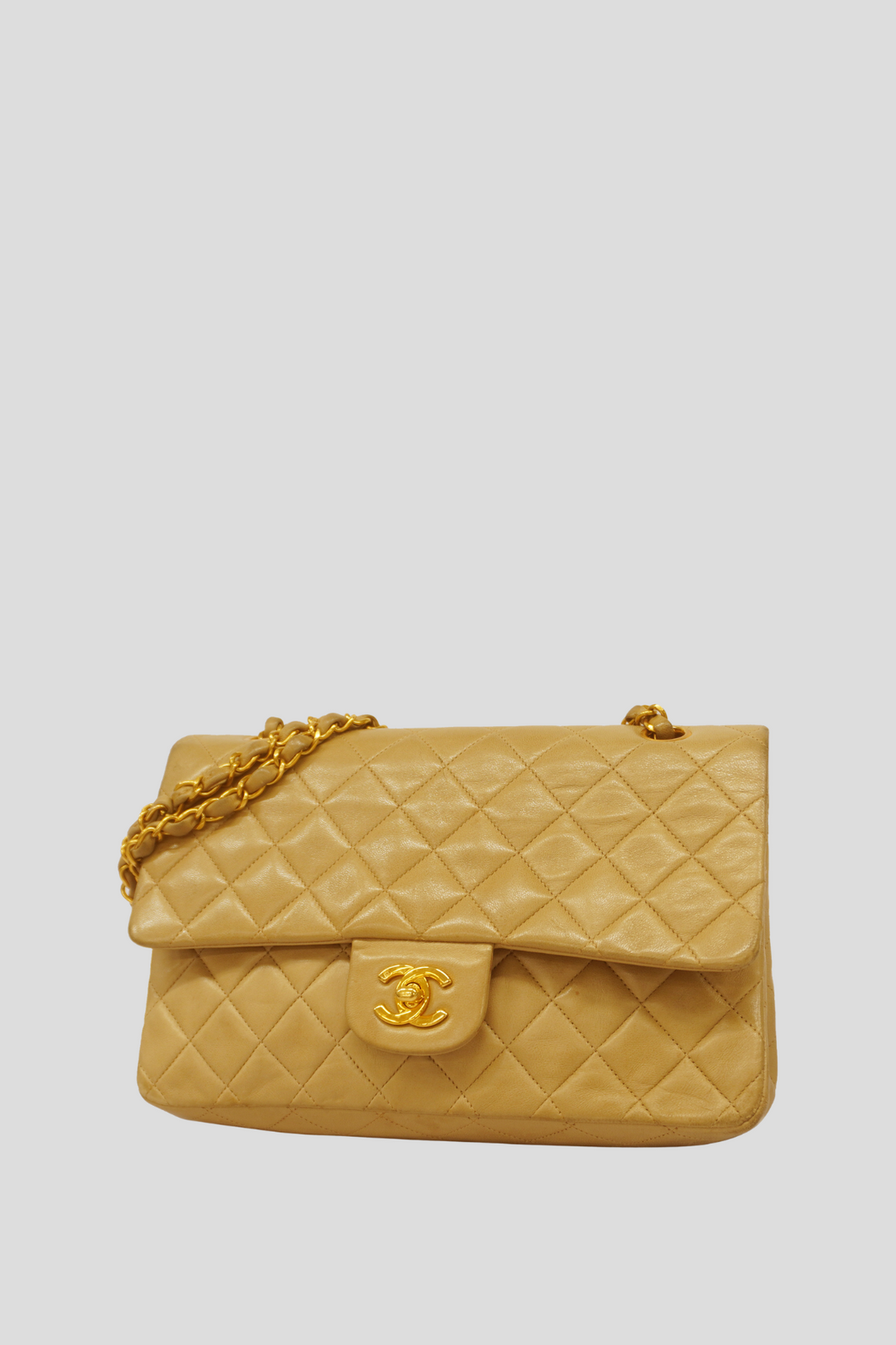 Beige GHW Lambskin Medium Classic Double Flap Bag by Chanel