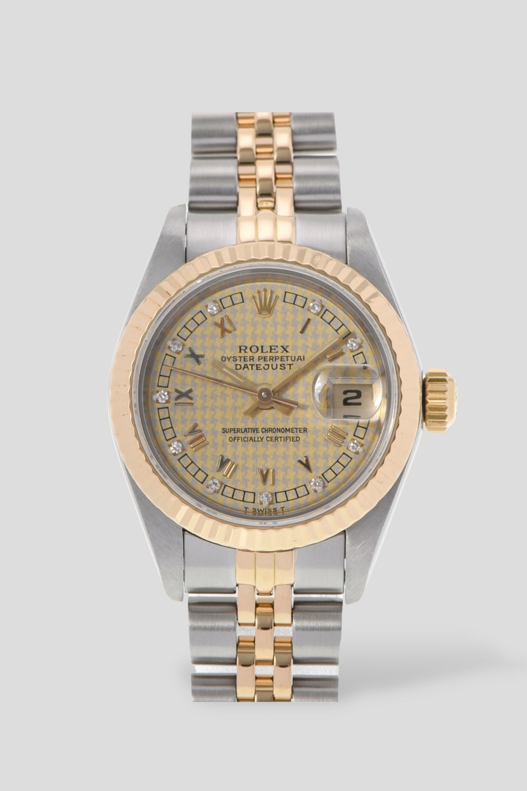 Datejust 18K Yellow Gold Houndstooth Diamond Dial and Stainless Steel Watch by Rolex