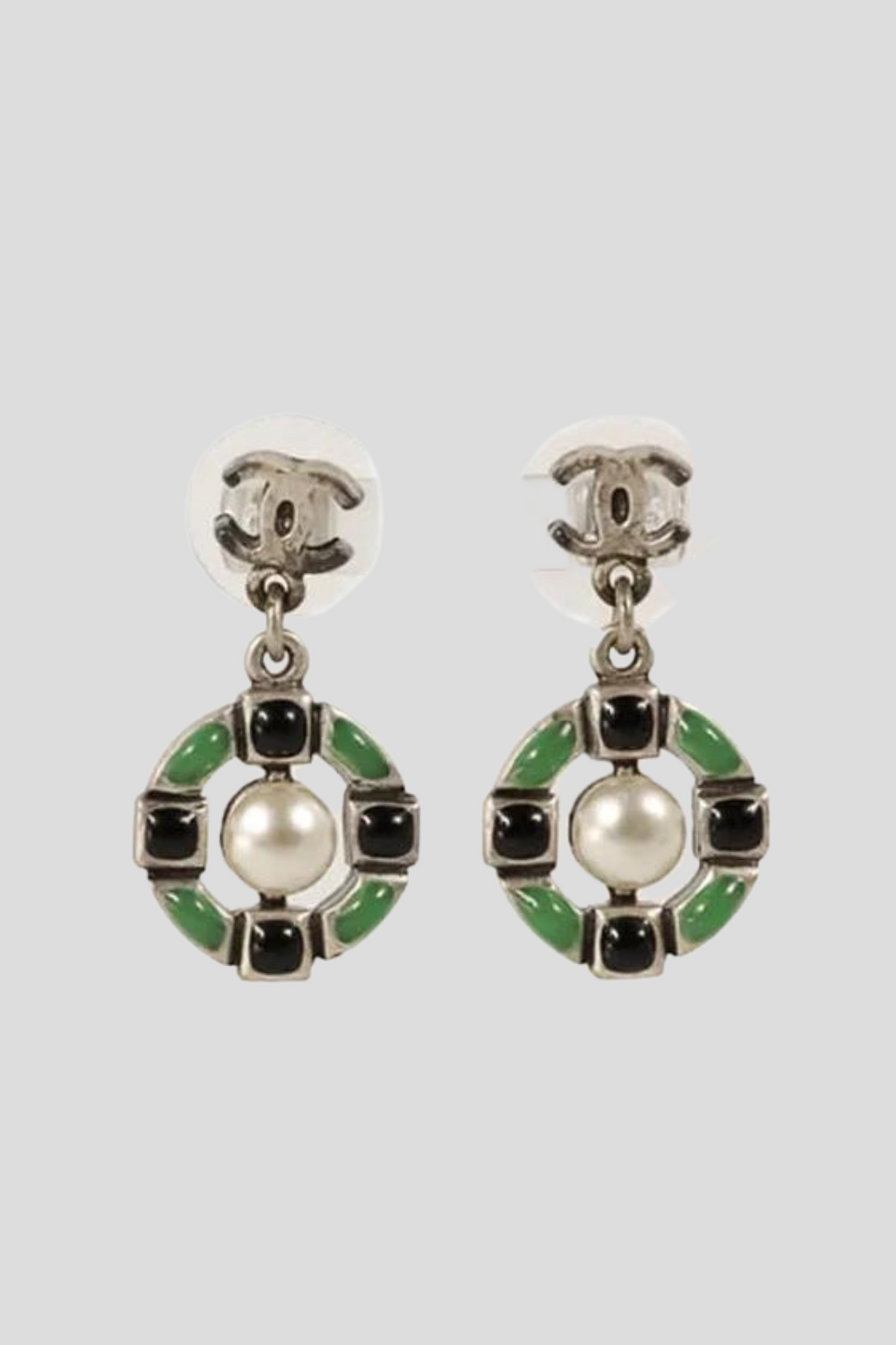 Green CC Round Drop Earrings by Chanel