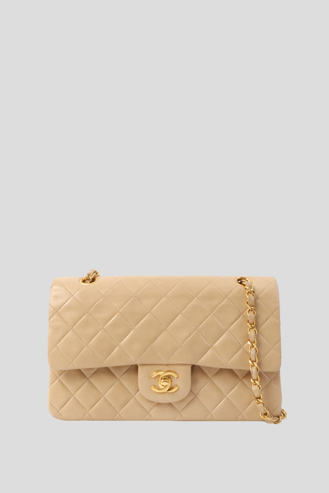 Beige GHW Lambskin Medium Classic Double Flap Bag by Chanel