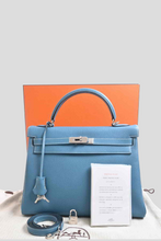 Load image into Gallery viewer, Blue PHW Kelly Retourne 32 Togo Leather Bag by Hermès
