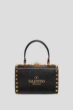 Load image into Gallery viewer, Black Grainy Calfskin Rockstud Box Bag by Valentino
