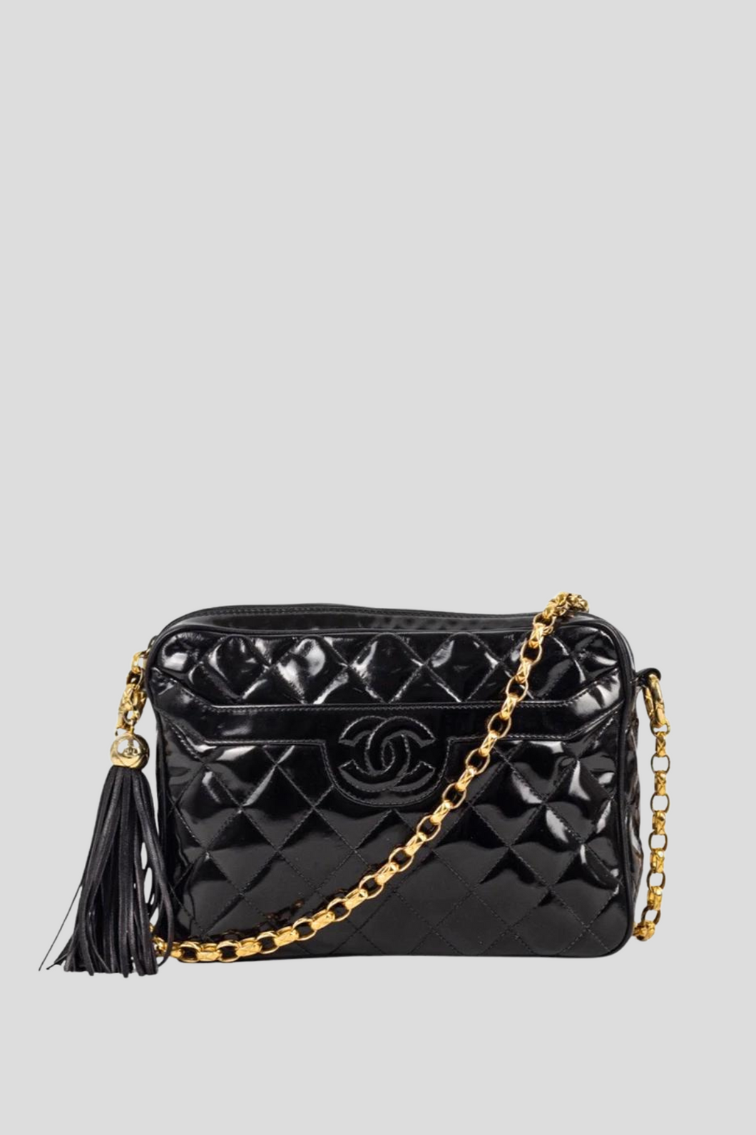 Black Patent Leather Chain Camera Shoulder Bag by Chanel