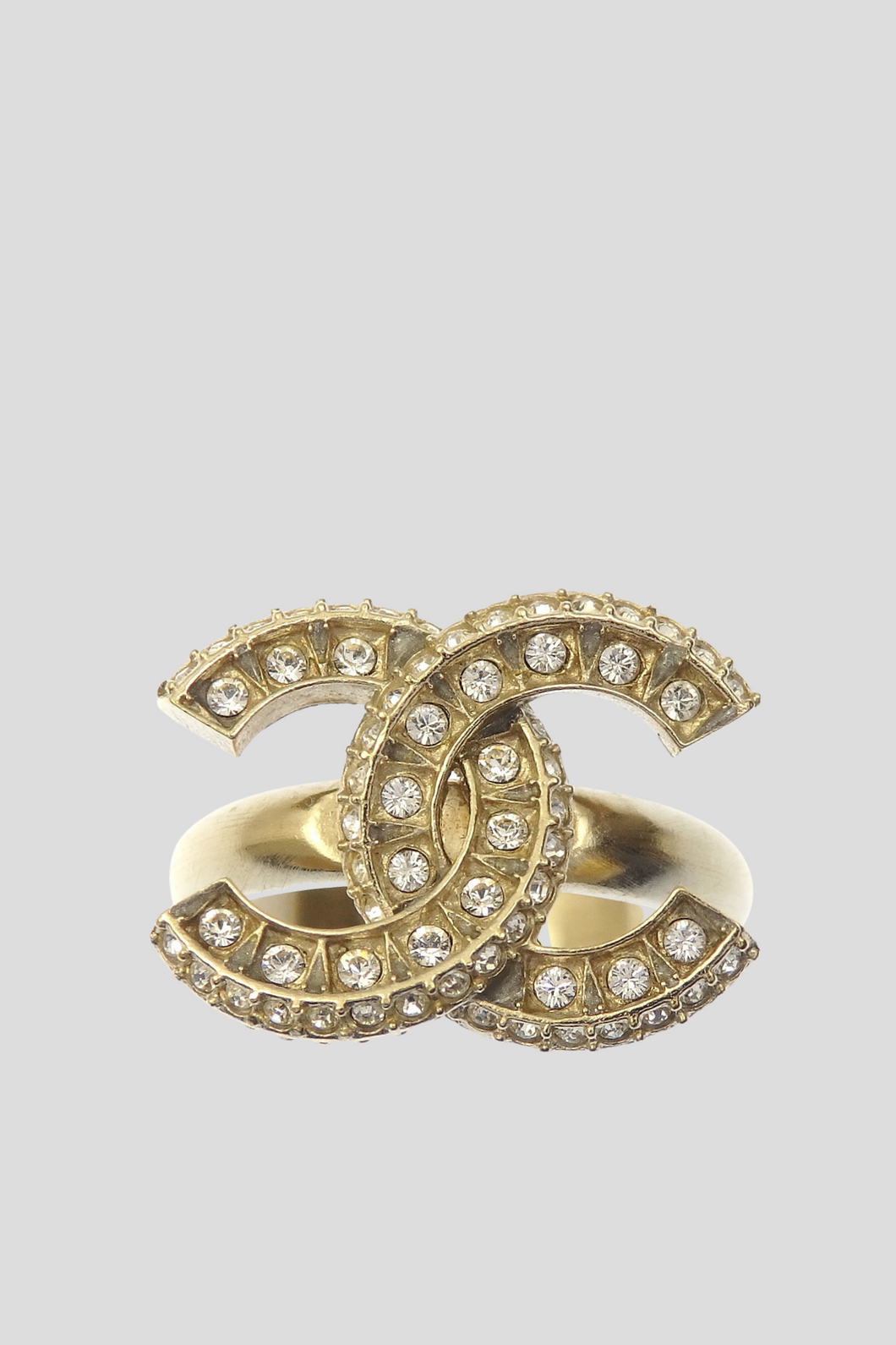 Gold Rhinestone CC Statement Ring by Chanel