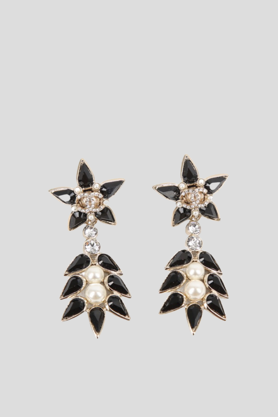 Black Crystal CC Pearl Drop Earrings by Chanel