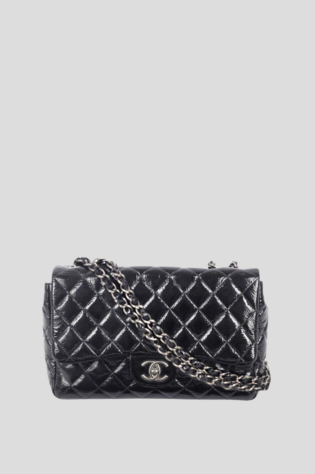 Black RHW Jumbo Single Flap Patent Leather Bag by Chanel