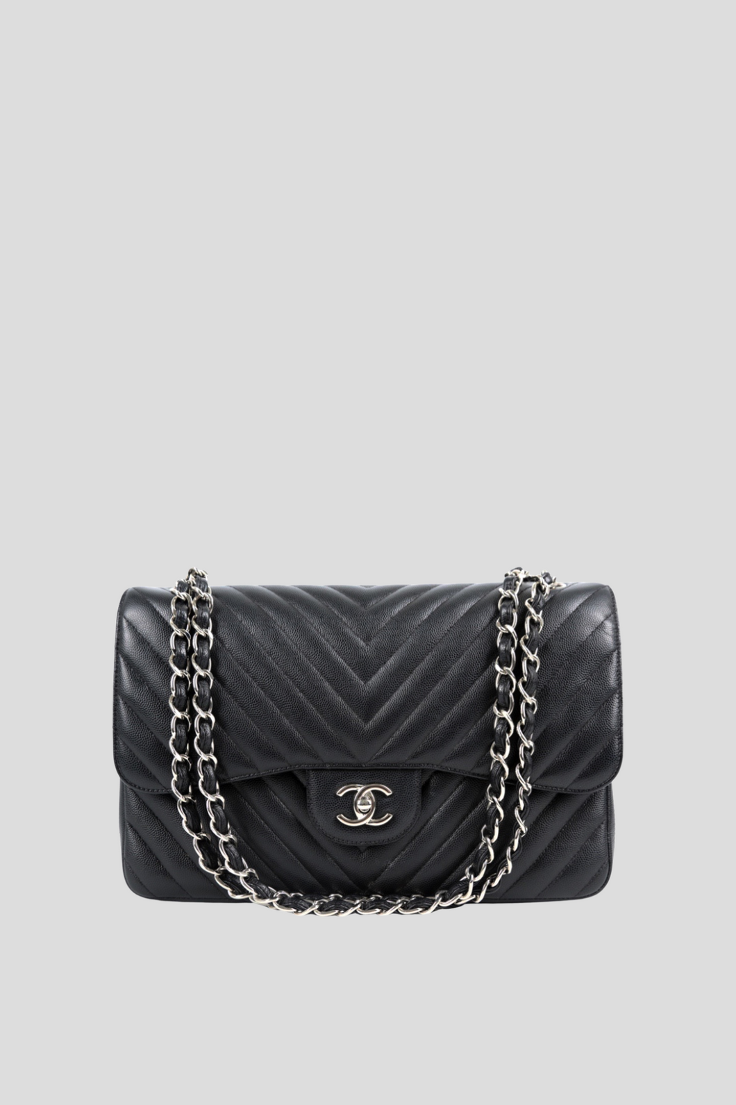 Black Chevron Caviar PHW Classic Jumbo Double Flap Bag by Chanel