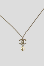 Load image into Gallery viewer, Gold Twisted CC Pearl Crystal Drop Necklace by Chanel
