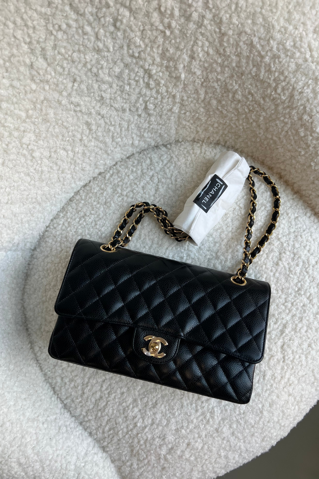 Black GHW Caviar Medium Classic Double Flap Bag by Chanel